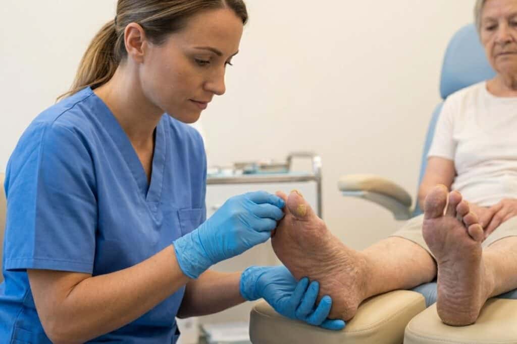 A female healthcare professional wearing blue scrubs and medical gloves carefully examines an elderly patient's foot and toenails in a well-lit clinical setting.