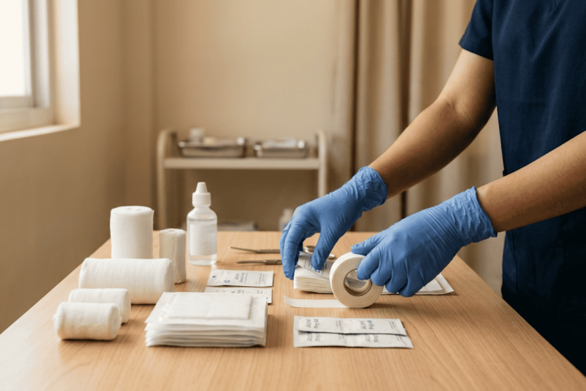 Nurse in blue gloves preparing wound dressing supplies on a wooden table