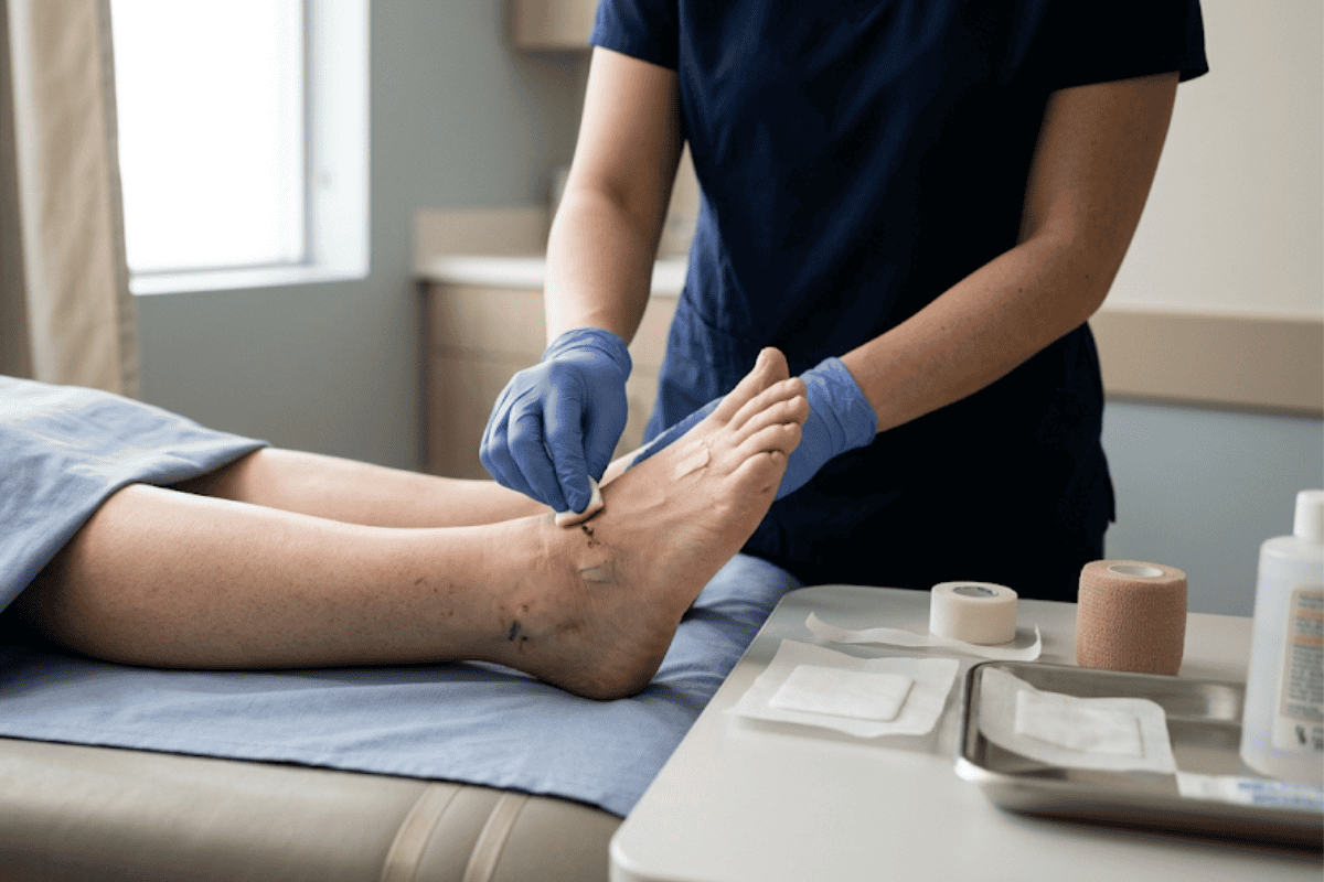 Wound care nurse cleaning a foot wound with sterile instruments close by