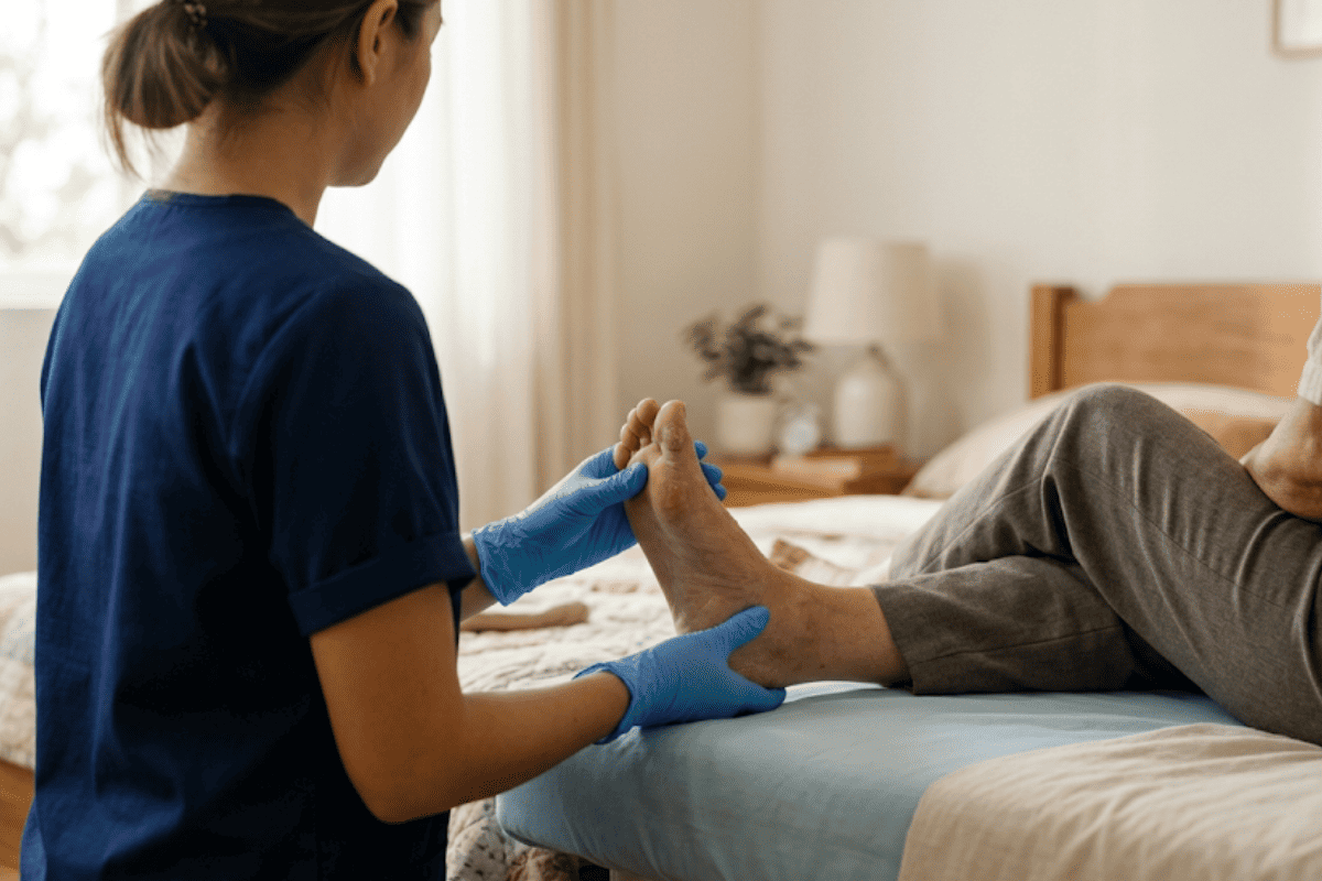 Certified wound care nurse in blue gloves examining a patient's foot at bedside