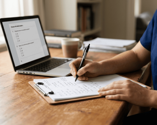 Nurse studying for the wound care certification exam with a laptop and clipboard